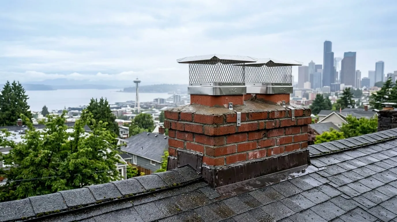 Two new stainless spark-arrestor caps fitted on a brick chimney above a north Seattle rooftop, city skyline behind