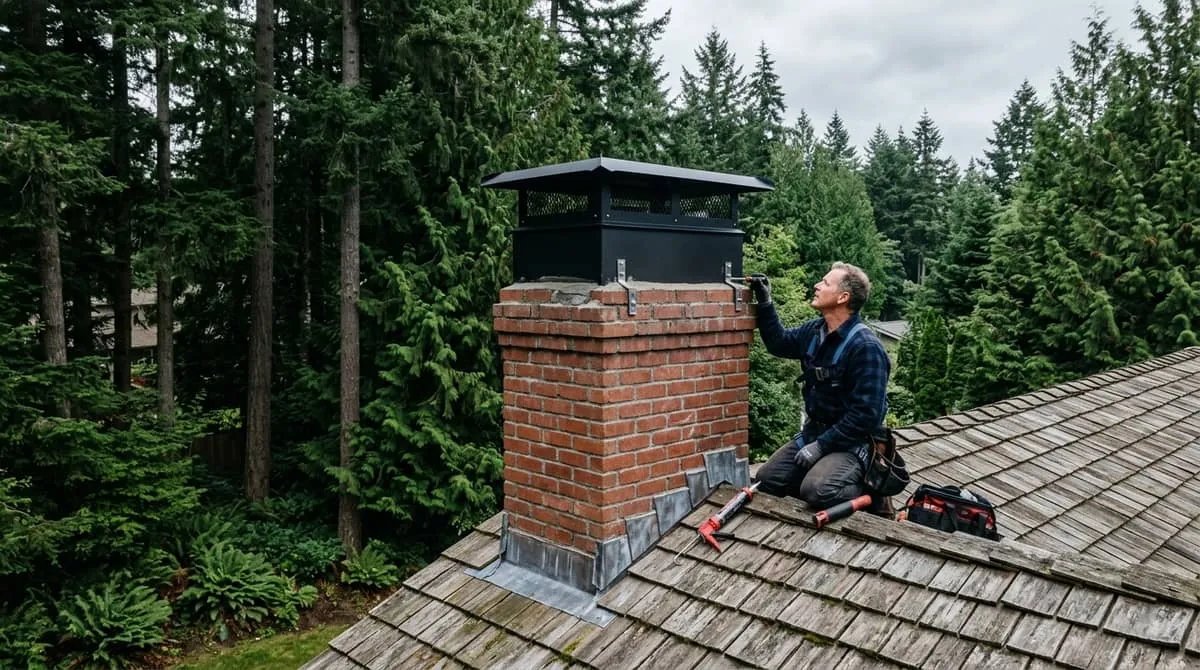 A newly installed black chimney cap on a brick chimney on a cedar shingle roof surrounded by tall fir trees