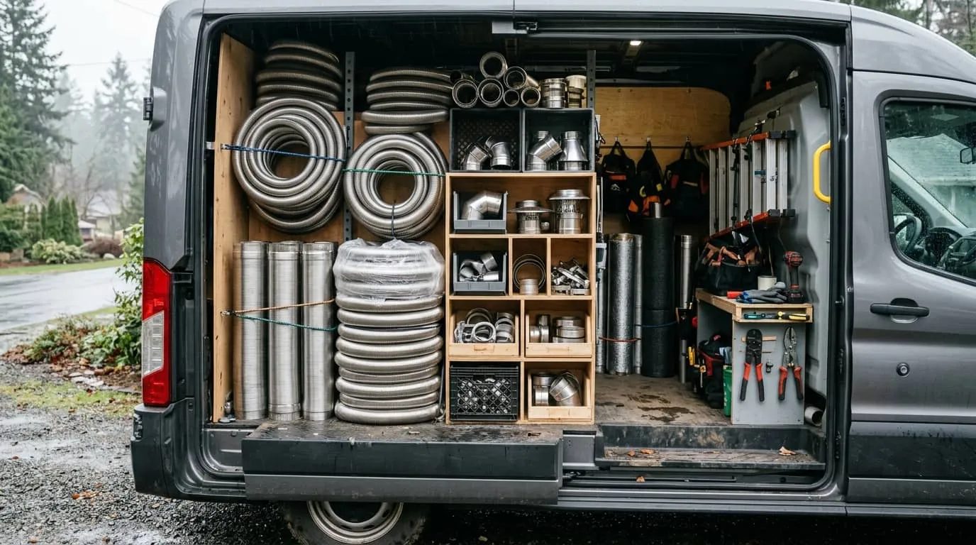 Coiled stainless steel flue liner sections and fittings stacked in the back of a work van