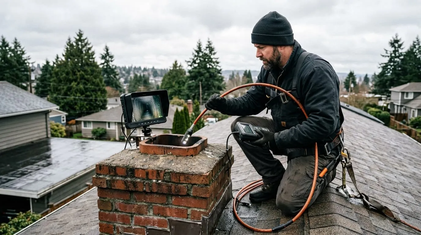 An inspection camera on a flexible rod being fed into a chimney flue, monitor screen visible