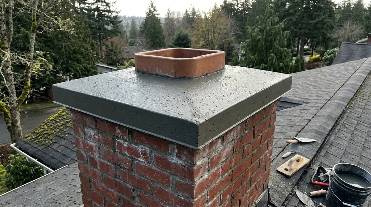 A freshly poured concrete chimney crown with a sloped surface and an overhanging drip edge, seen from above on a roof