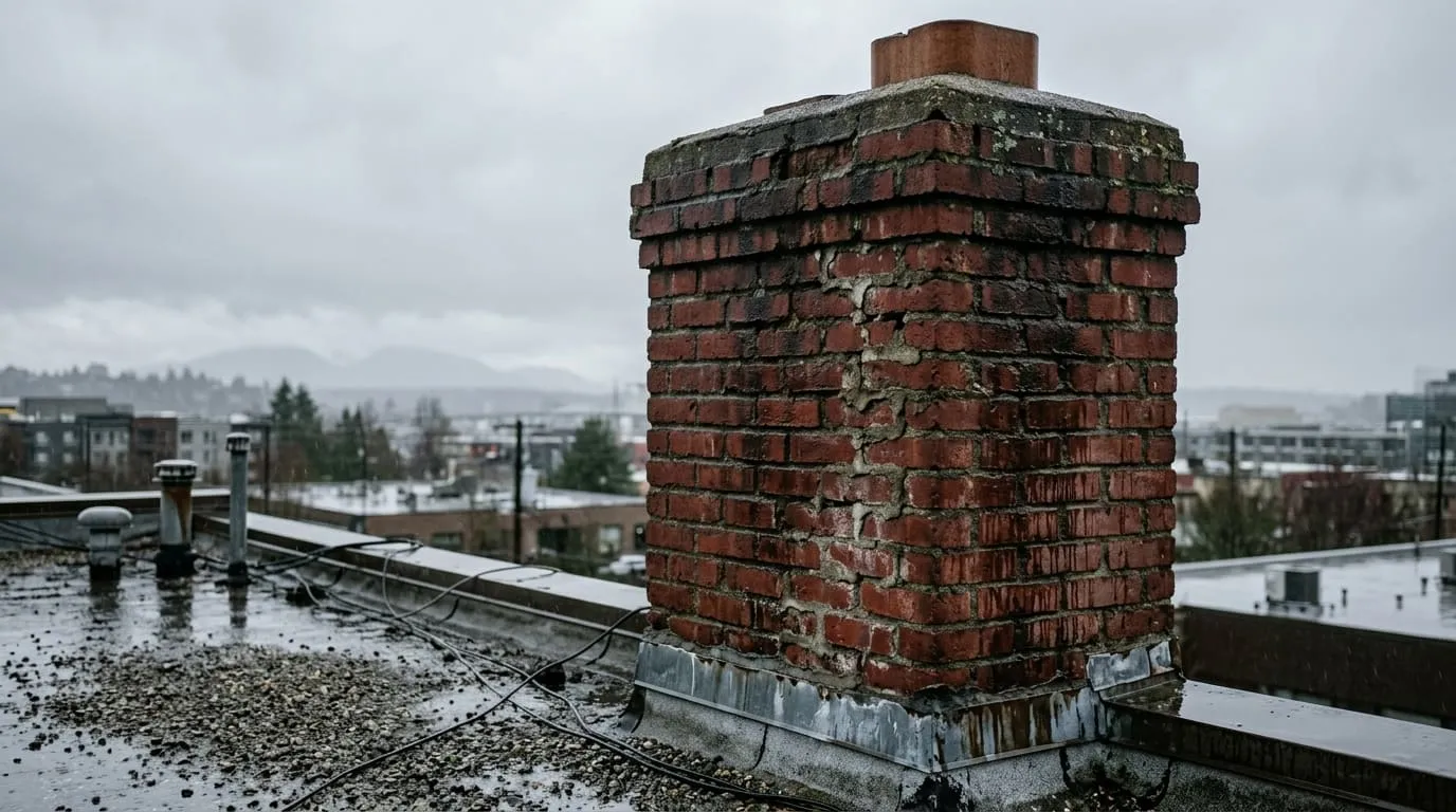 Dark water staining and eroded mortar joints on a red brick chimney stack seen against a grey sky