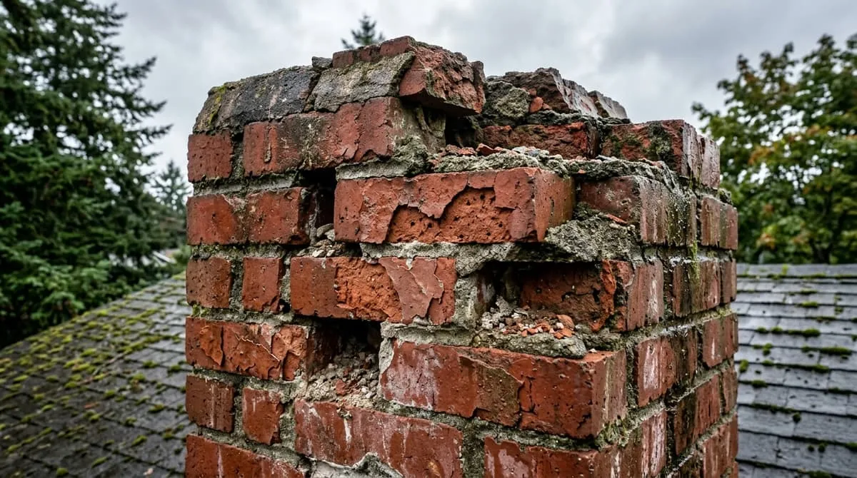 Brick faces flaking away and open mortar joints on a chimney, close detail