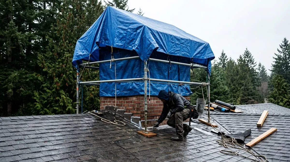 A chimney stack wrapped in protective sheeting and tented against rain during repair work on a roof