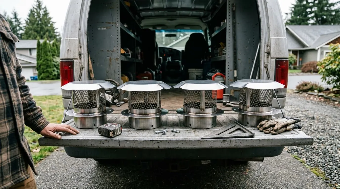 Several new stainless steel chimney caps with mesh spark-arrestor screens laid out on a work surface before installation