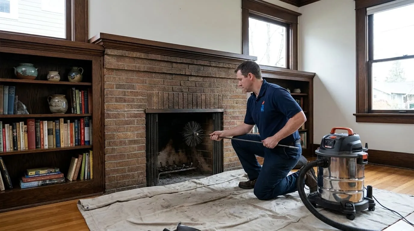 A technician in a navy polo kneeling at a brick firebox in a Craftsman bungalow living room with drop cloths laid over the floor