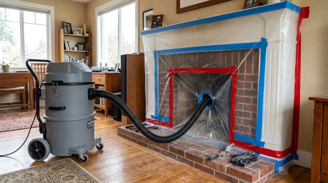 A large HEPA extraction vacuum hose sealed into a firebox opening during a chimney cleaning